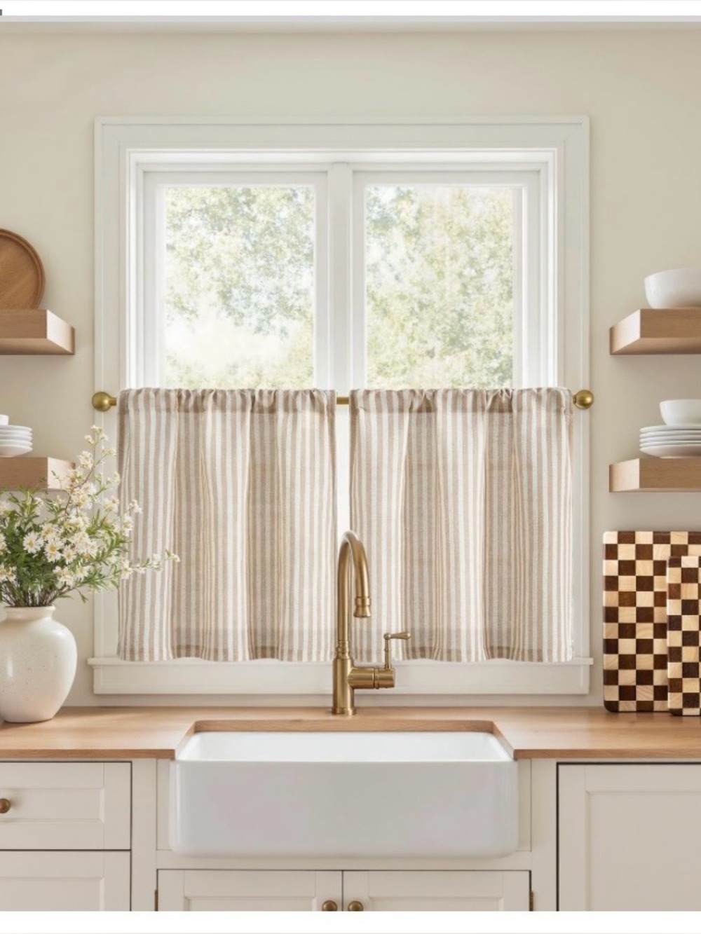 Farmhouse Striped Linen Modern Cafe Curtains LIGHT-Filtering 26”W 20”L TAN